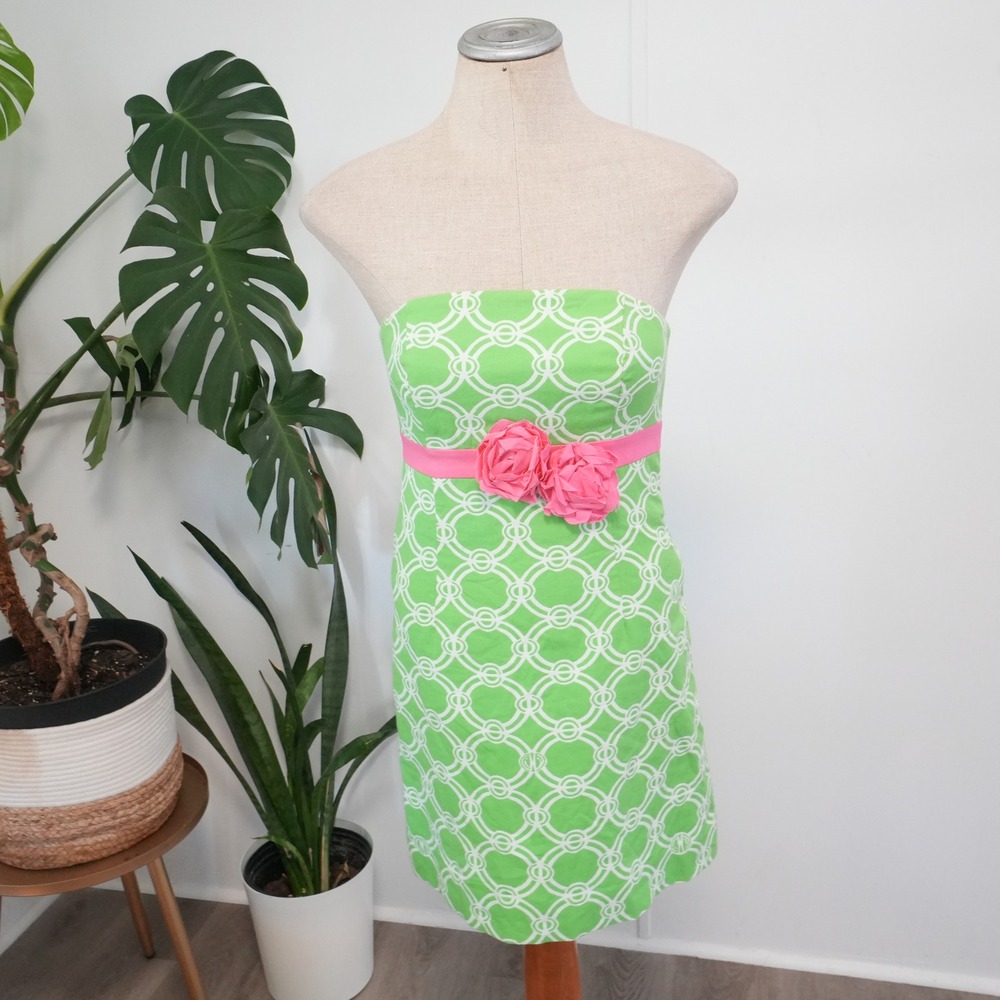 Lilly Pulitzer Strapless Dress Womens 0 Green White Geometric Rosette Preppy